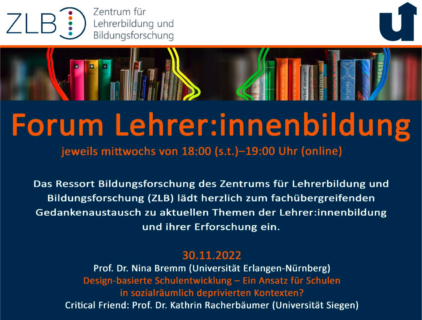 Zum Artikel "Vortrag: Design-basierte Schulentwicklung – Ein Ansatz für Schulen in sozialräumlich deprivierten Kontexten? – 30. November 2022 – online"